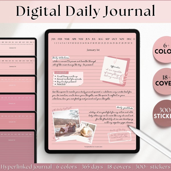 Digital Daily Journal, GoodNotes Notebook, Hyperlinked Digital Planner, iPad Diary, Stickers & Covers, Minimalist Note Taking Lined Template