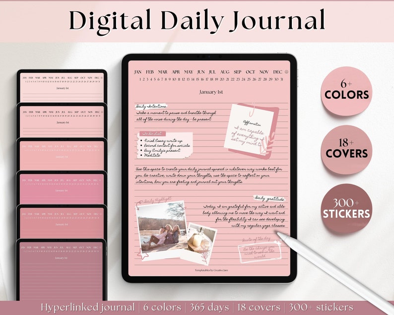 May include: A digital daily journal app on a tablet screen with a pink and white color scheme. The app features a calendar, daily intentions, daily gratitude, and a daily highlight section. The app also includes 6 colors, 18 covers, and 300 stickers.
