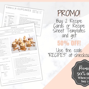 May include: A printable recipe card for vanilla cupcakes with a photo of the finished product. The card includes a list of ingredients, directions, and notes. The card also includes a promo code for 50% off when you buy two recipe cards or templates.