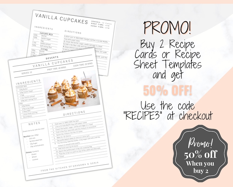 May include: A printable recipe card for vanilla cupcakes with a photo of the finished product. The card includes a list of ingredients, directions, and notes. The card also includes a promo code for 50% off when you buy two recipe cards or templates.