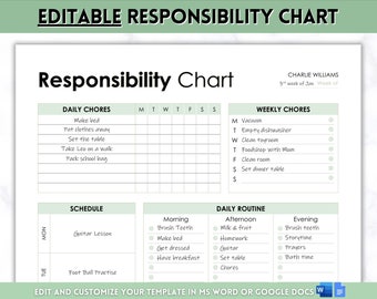 EDITABLE Chore Chart for Kids, Responsibility Chart, Family Chore Chart, Reward Chart, Weekly Routine Template, Adults, Behavior Chart