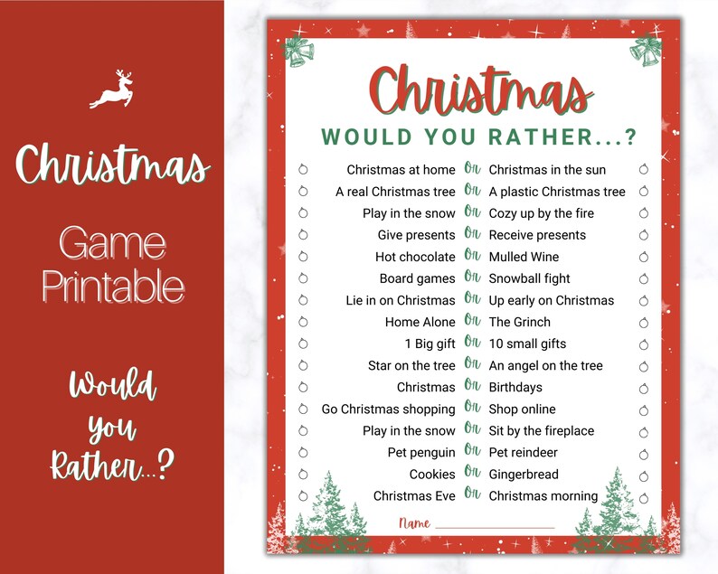 Family Christmas Game Christmas Day Virtual Activity Would you Rather? Holiday Party Game Holiday Party Printable Christmas Family Games