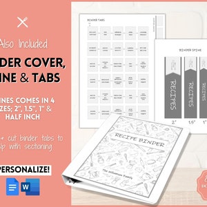 Puede incluir: Portada, lomo y pesta&ntilde;as de carpeta de recetas imprimibles en un esquema de colores gris y blanco. La portada presenta un dise&ntilde;o dibujado a mano de utensilios de cocina y el texto "Recipe Binder". El lomo est&aacute; disponible en cuatro tama&ntilde;os: 5 cm, 3,8 cm, 2,5 cm y 1,25 cm. Las pesta&ntilde;as est&aacute;n en blanco y se pueden personalizar con diferentes categor&iacute;as.