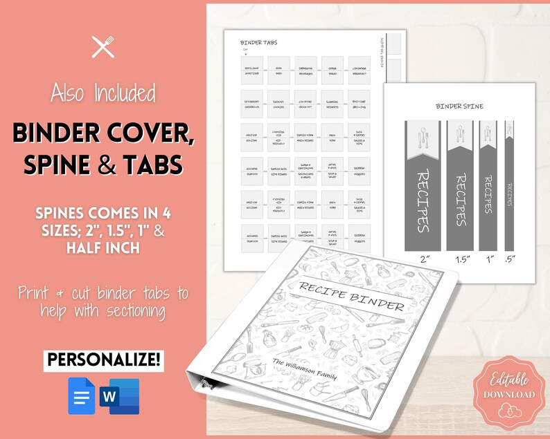 Puede incluir: Portada, lomo y pesta&ntilde;as de carpeta de recetas imprimibles en un esquema de colores gris y blanco. La portada presenta un dise&ntilde;o dibujado a mano de utensilios de cocina y el texto "Recipe Binder". El lomo est&aacute; disponible en cuatro tama&ntilde;os: 5 cm, 3,8 cm, 2,5 cm y 1,25 cm. Las pesta&ntilde;as est&aacute;n en blanco y se pueden personalizar con diferentes categor&iacute;as.