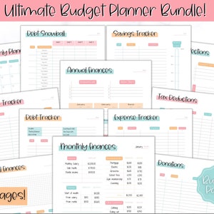 May include: A printable budget planner bundle with 24 pages. The pages are organized into categories such as monthly plan, income tracker, debt tracker, savings tracker, expense tracker, annual finances, tax deductions, and donations. The pages are designed with a light blue and pink color scheme.