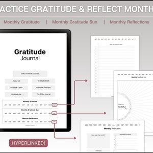 K&ouml;nnte beinhalten: Ein digitales druckbares Dankbarkeitsjournal mit einem schwarz-wei&szlig;en Design. Das Journal enth&auml;lt Abschnitte f&uuml;r t&auml;gliche Dankbarkeit, monatliche Dankbarkeit, monatliche Dankbarkeitssonne und monatliche Reflexionen. Das Journal ist hyperverlinkt.
