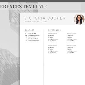 May include: A black and white resume template with the name Victoria Cooper and the title "Professional Title". The template includes contact information and a section for references.