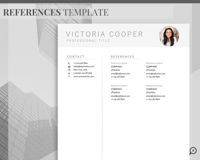 May include: A black and white resume template with the name Victoria Cooper and the title "Professional Title". The template includes contact information and a section for references.