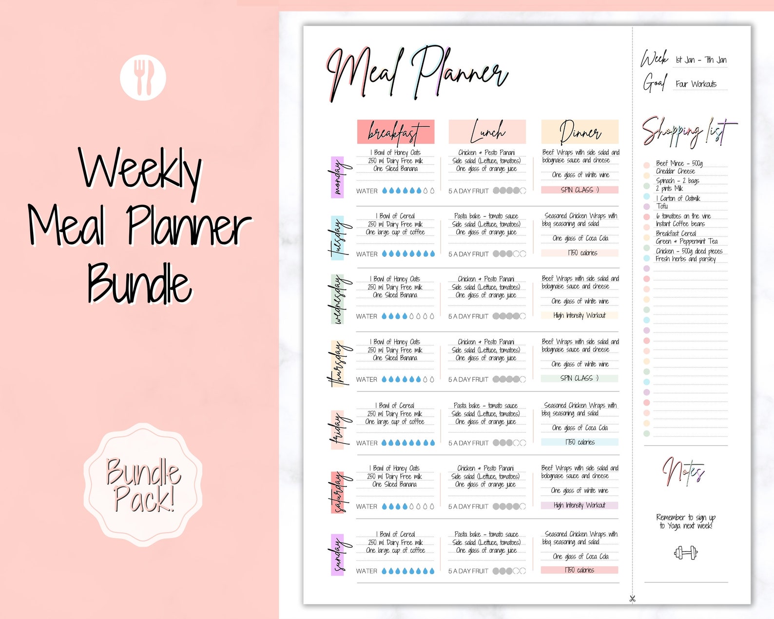Colorful Meal Planner Printable Weekly Food Diary Meal | Etsy UK