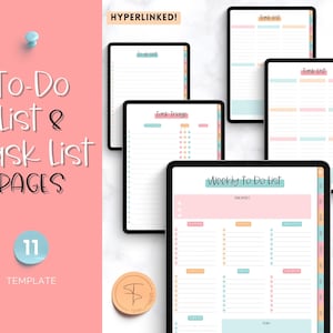 Puede incluir: Once plantillas de planificador digital para organizar tareas y listas de tareas pendientes. Las plantillas presentan una gama de colores pastel con acentos rosa, azul y melocot&oacute;n. Las plantillas est&aacute;n etiquetadas como "Task-list", "Todoist", "Task Triage" y "Weekly To Do List".