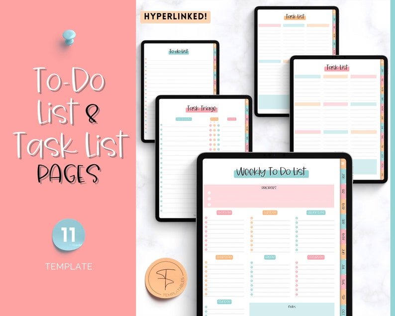 Puede incluir: Once plantillas de planificador digital para organizar tareas y listas de tareas pendientes. Las plantillas presentan una gama de colores pastel con acentos rosa, azul y melocot&oacute;n. Las plantillas est&aacute;n etiquetadas como "Task-list", "Todoist", "Task Triage" y "Weekly To Do List".