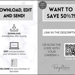 Peut inclure: Un graphique de t&eacute;l&eacute;chargement num&eacute;rique avec un fond en marbre blanc. Le texte "DOWNLOAD, EDIT AND SEND!" est en noir. Le texte "WANT TO SAVE 50%?!" est en noir. Le texte "LINK IN THE DESCRIPTION" est en noir. Le texte "OR SCAN THE CODE WITH YOUR CAMERA!>" est en noir. Un code QR se trouve dans le coin inf&eacute;rieur droit. Le texte "SCAN ME" est en noir. Le texte "TemplatABLES by Creative Jam" est en noir.