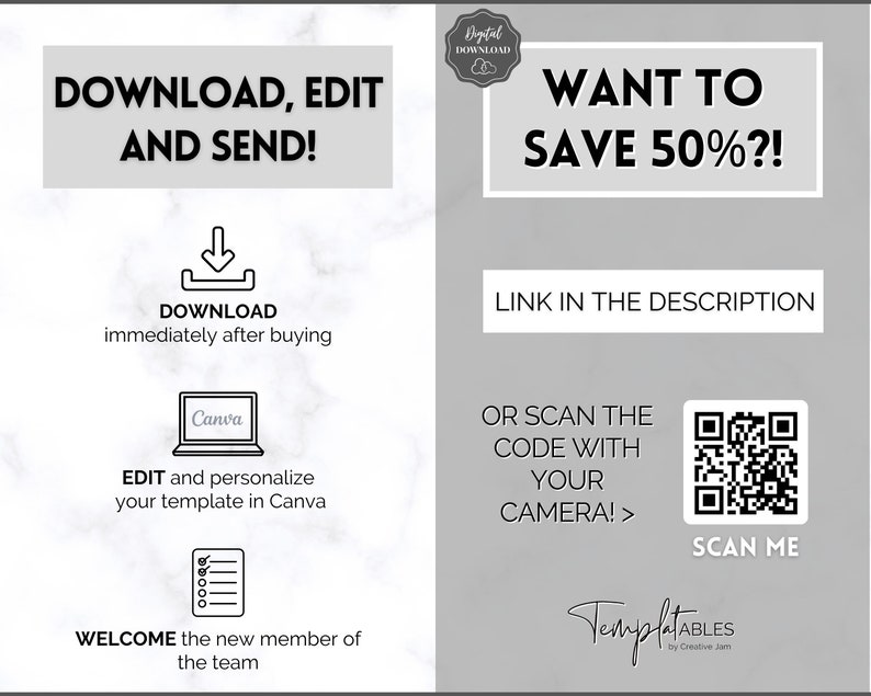 Peut inclure: Un graphique de t&eacute;l&eacute;chargement num&eacute;rique avec un fond en marbre blanc. Le texte "DOWNLOAD, EDIT AND SEND!" est en noir. Le texte "WANT TO SAVE 50%?!" est en noir. Le texte "LINK IN THE DESCRIPTION" est en noir. Le texte "OR SCAN THE CODE WITH YOUR CAMERA!>" est en noir. Un code QR se trouve dans le coin inf&eacute;rieur droit. Le texte "SCAN ME" est en noir. Le texte "TemplatABLES by Creative Jam" est en noir.