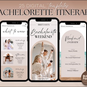 Bachelorette Itinerary template, Editable Bachelorette Weekend Planner, Girls trip, Miami, Cowgirl, Winter, Disco, Outfits, Canva template