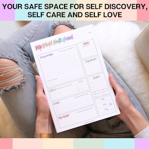 May include: A printable mental health journal with sections for daily affirmations, gratitude, self-love, and more. The journal is titled "My Mental Health Journal" and has a pink, blue, and green color scheme.