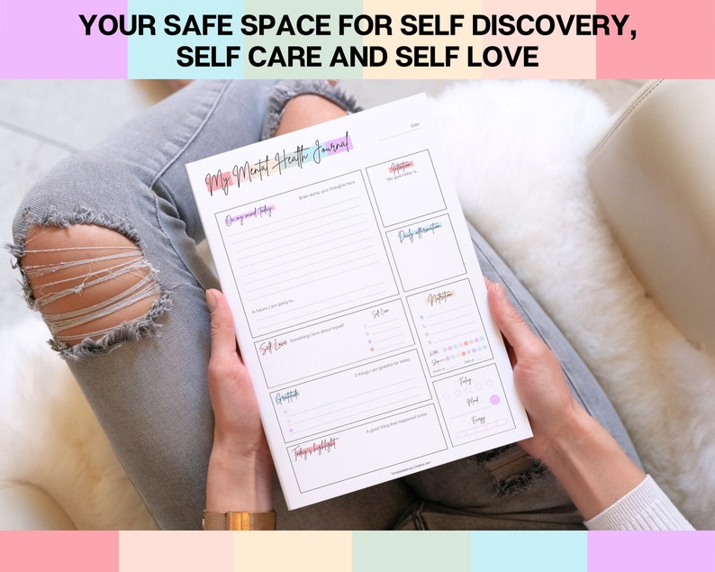 May include: A printable mental health journal with sections for daily affirmations, gratitude, self-love, and more. The journal is titled "My Mental Health Journal" and has a pink, blue, and green color scheme.