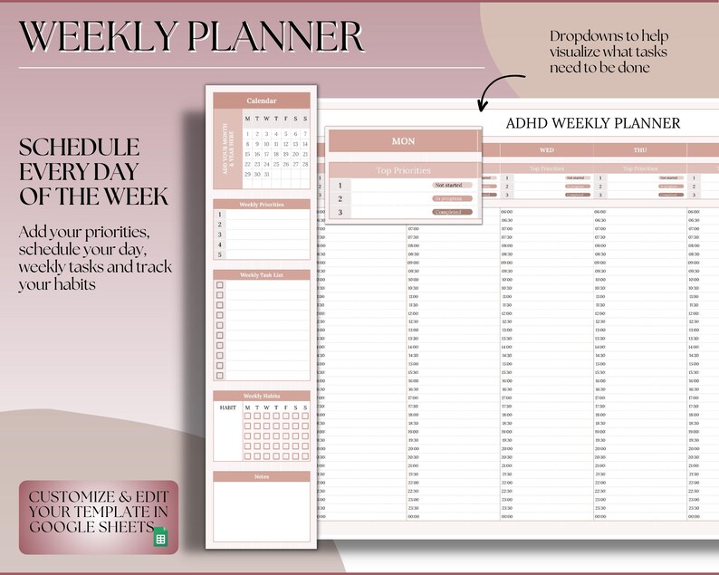EDITABLE ADHD Digital Planner, Daily Planner Spreadsheet ...