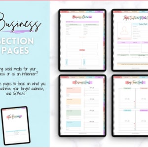 May include: Four digital planner pages with colorful borders. The pages are titled "Business Overview", "Target Customer Market", "Business Goals", and "Long Term Goals".