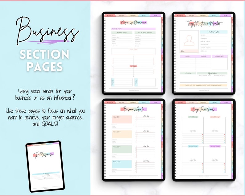 May include: Four digital planner pages with colorful borders. The pages are titled "Business Overview", "Target Customer Market", "Business Goals", and "Long Term Goals".