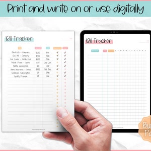 May include: A printable bill tracker with a list of bills and their due dates. The tracker is designed to be used digitally or printed and written on. The image shows a hand holding a tablet with the tracker displayed on the screen.