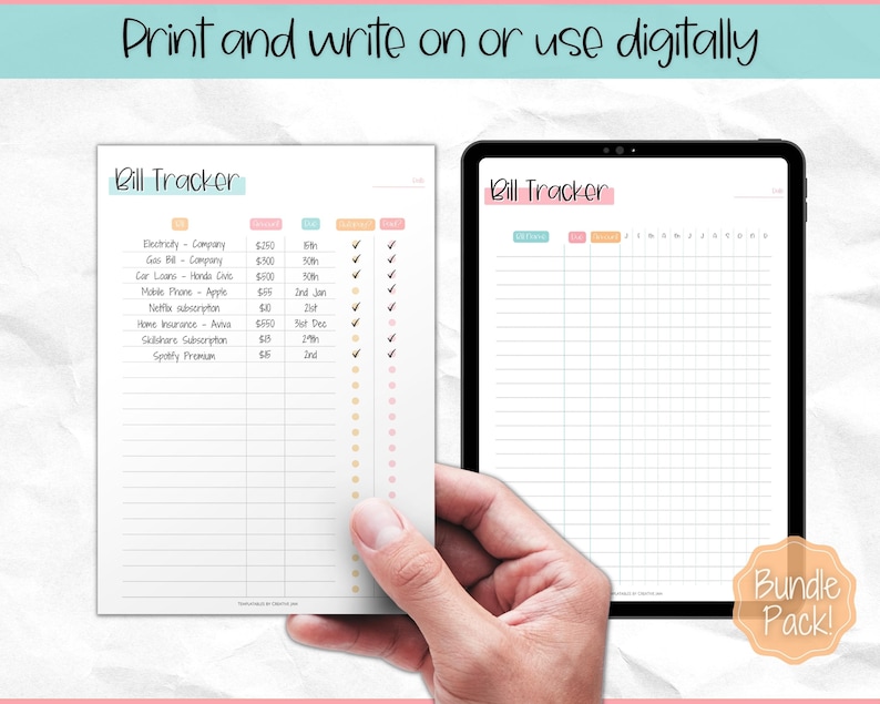 May include: A printable bill tracker with a list of bills and their due dates. The tracker is designed to be used digitally or printed and written on. The image shows a hand holding a tablet with the tracker displayed on the screen.