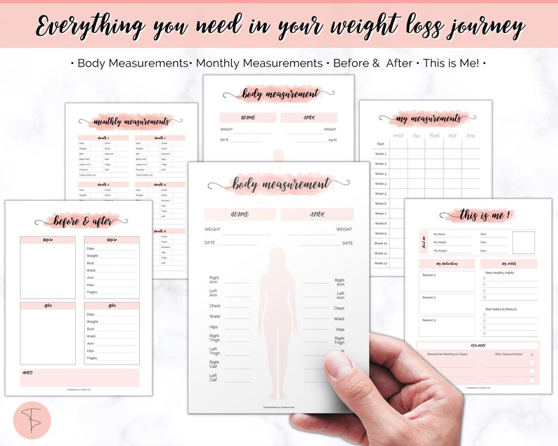 Weight Loss Tracker, Weightloss Journal, Fitness Planner Printable, Weight Loss Chart, Pounds Lost Tracker, Body Measurements, Meal Planner image 9