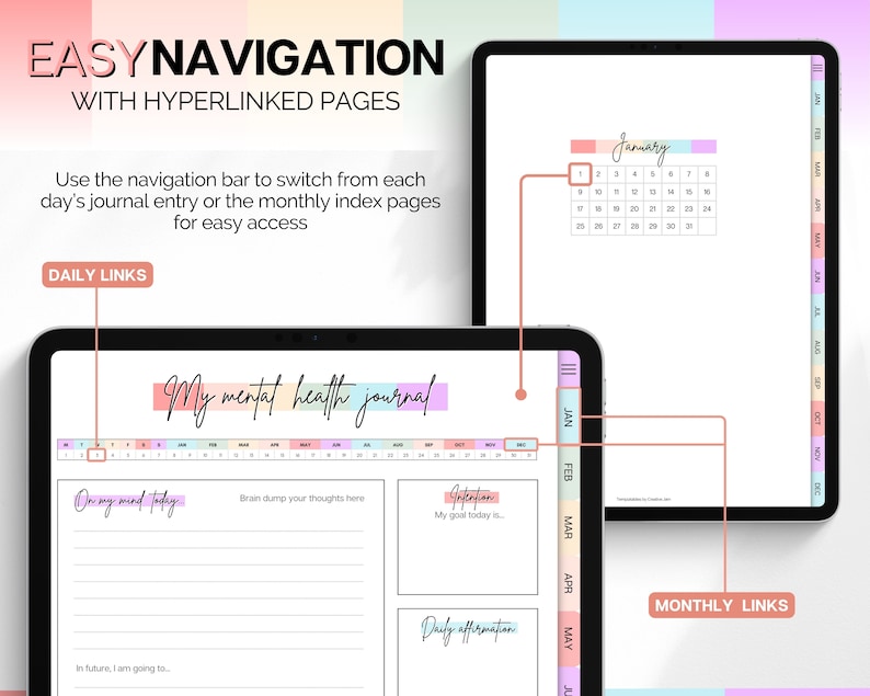 May include: A digital planner with a pastel color scheme. The planner has a daily journal entry page with sections for "On my mind today", "Brain dump your thoughts here", "Intention", and "Daily affirmation". The planner also has a monthly calendar view with a navigation bar to switch between daily and monthly views.