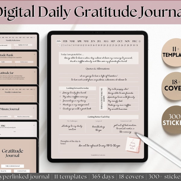 Digital Gratitude Journal, Daily Mindfulness Journal, GoodNotes Digital Planner, Wellness, Reflections, 366 days digital dairy, iPad, 2024