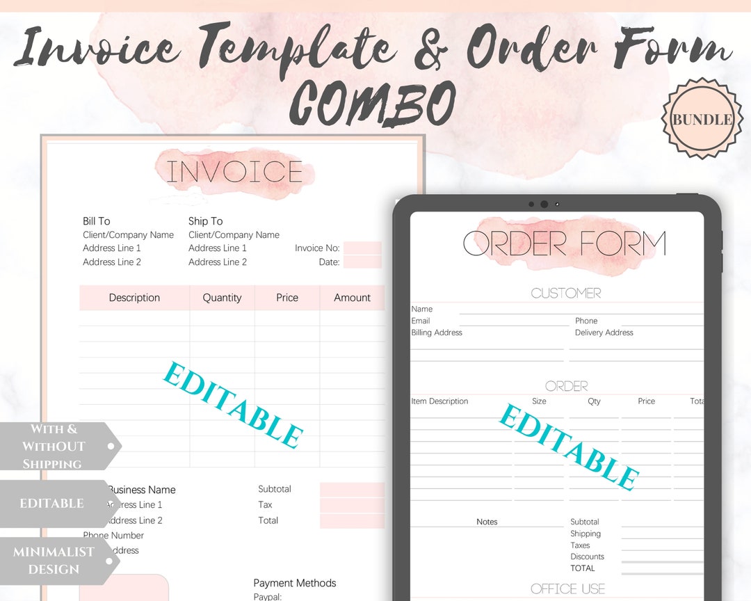 INVOICE Template & ORDER FORM Editable. Custom Receipt Printable. Sales ...
