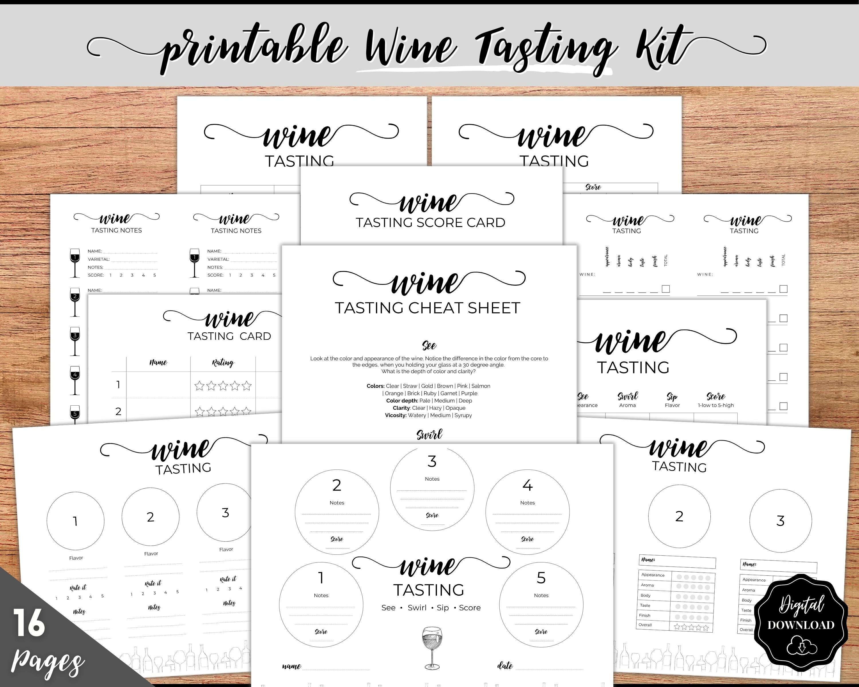 Wine Tasting Kit! Complete Guide to Blind Wine Tasting. Placemats, Tasting Cards, Sign, Sheet, Menu, Game. Great for Wine nights & parties