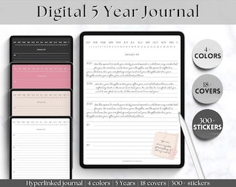 One line a day Digital Daily Journal, 5 year Journal, GoodNotes iPad Notebook, Hyperlinked Digital 365 Diary, Stickers & Covers, Minimalist