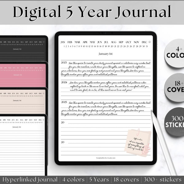 One line a day Digital Daily Journal, 5 year Journal, GoodNotes iPad Notebook, Hyperlinked Digital 365 Diary, Stickers & Covers, Minimalist