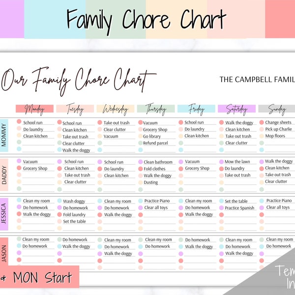 Family Chore Chart, Editable Family Planner Printable, Weekly Family Schedule, Family Calendar, Command Center, Weekly Household, Kids Adult