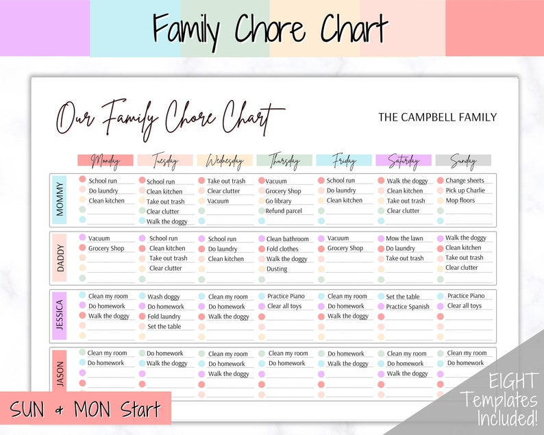 Family Chore Chart, Editable Family Planner Printable, Weekly Family Schedule, Family Calendar, Command Center, Weekly Household, Kids Adult image 1