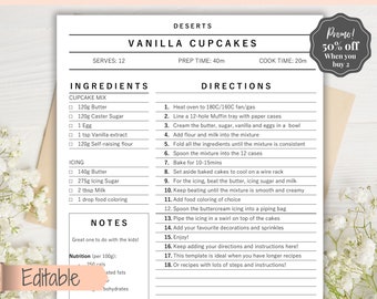 Recipe Sheet template, EDITABLE Recipe Book Template, Recipe Cards, Minimal Recipe Binder, 8.5x11 Printable Farmhouse, Food Planner Journal