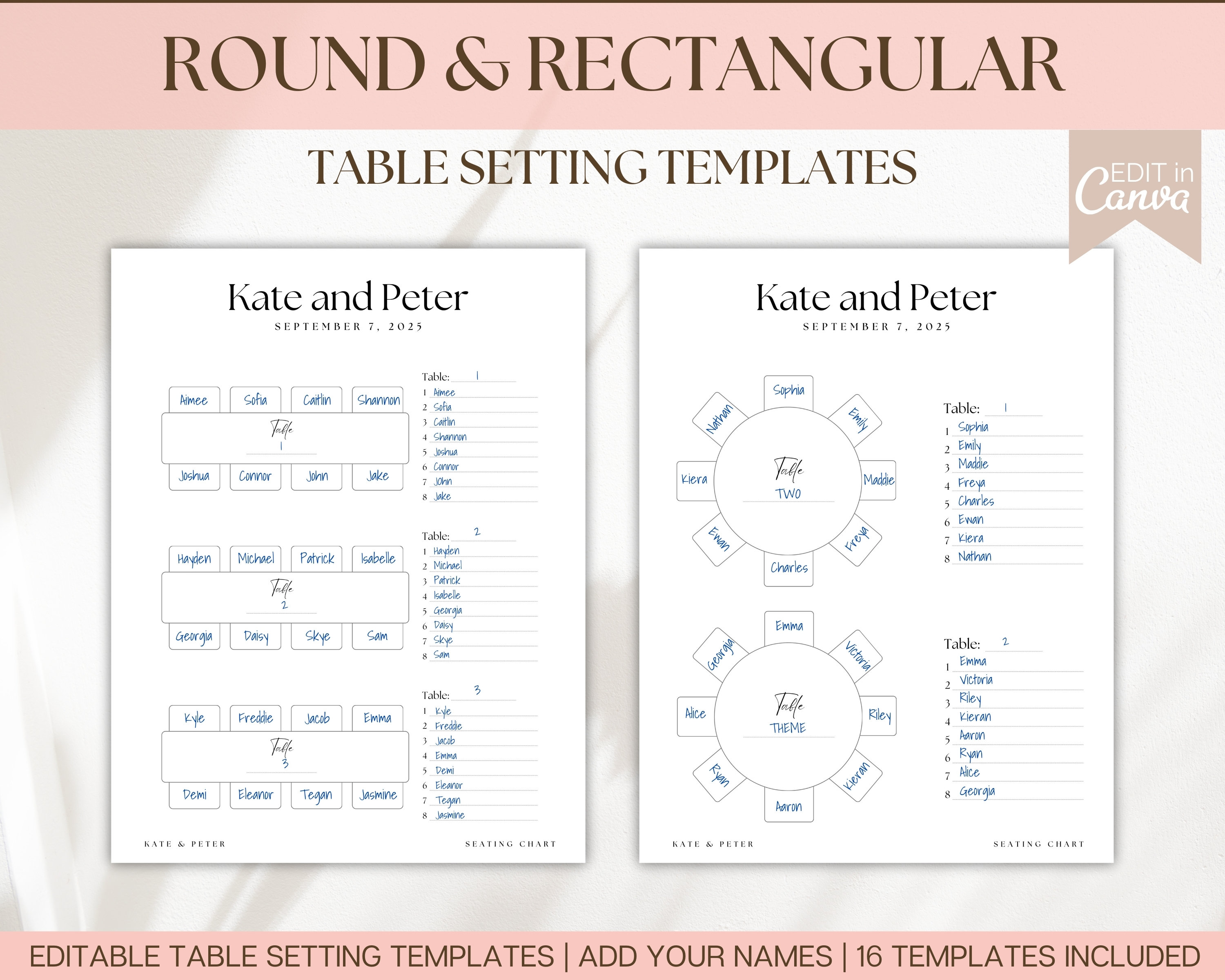 Table Seating Chart Templates, Editable, Round & Rectangle Tables, Head ...
