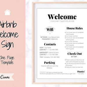 Szablon znaku powitalnego Airbnb, znak hasła Wi-Fi do wydrukowania, książka powitalna, zasady domu, plakat gospodarza, wynajem wakacyjny, instrukcje wymeldowania
