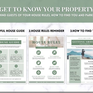 Peut inclure: Guide imprimable vert et blanc pour les clients s&eacute;journant dans une propri&eacute;t&eacute; locative. Le guide comprend des informations sur la mise en confort, le r&egrave;glement int&eacute;rieur et la fa&ccedil;on de trouver la propri&eacute;t&eacute;. Le guide comprend du texte tel que "Guide de la maison", "R&egrave;gles de la maison", "Se d&eacute;placer et se garer", "Temp&eacute;rature", "TV et Netflix", "Non-fumeur", "Pas de f&ecirc;tes", "Pas d'animaux", "Heure calme", "Veuillez recycler", "Profitez bien !" et "Comment nous trouver".