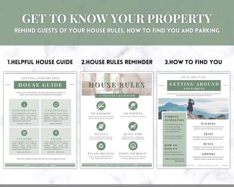 Peut inclure: Guide imprimable vert et blanc pour les clients s&eacute;journant dans une propri&eacute;t&eacute; locative. Le guide comprend des informations sur la mise en confort, le r&egrave;glement int&eacute;rieur et la fa&ccedil;on de trouver la propri&eacute;t&eacute;. Le guide comprend du texte tel que "Guide de la maison", "R&egrave;gles de la maison", "Se d&eacute;placer et se garer", "Temp&eacute;rature", "TV et Netflix", "Non-fumeur", "Pas de f&ecirc;tes", "Pas d'animaux", "Heure calme", "Veuillez recycler", "Profitez bien !" et "Comment nous trouver".