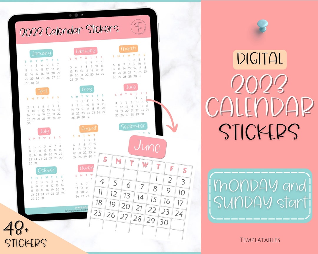 2023 Digital Calendar Stickers, Mini Calendar Digital Planner Stickers
