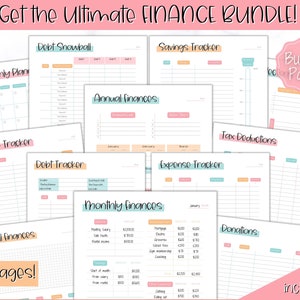 May include: A printable finance bundle with 24 pages. The pages include a monthly plan, income tracker, debt tracker, savings tracker, expense tracker, tax deductions, donations, and annual finances. The pages are designed with a pink, orange, and blue color scheme.