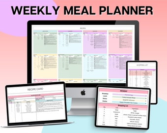 Weekly Meal Planner Spreadsheet, Recipe Template, AUTOMATED Grocery List, Family Meal Prep, Digital Meal Plan, Shopping List, Google Sheets