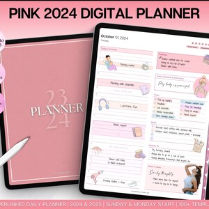 May include: A pink digital planner for 2024 and 2025 with a hyperlinked daily planner, Sunday and Monday start, and over 100 templates. The planner includes a calendar, to-do list, and daily affirmations. The image shows a tablet with the planner open to October 1, 2024.