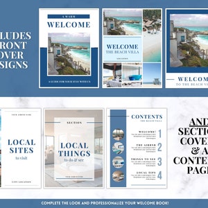 May include: A digital product showcasing welcome book designs. The designs feature beach scenes, with text such as "Welcome" and "Local Sites." The product includes front cover designs, section covers, and a contents page. The overall color scheme is blue and white.