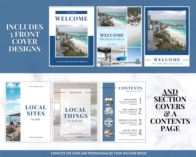 May include: A digital product showcasing welcome book designs. The designs feature beach scenes, with text such as "Welcome" and "Local Sites." The product includes front cover designs, section covers, and a contents page. The overall color scheme is blue and white.