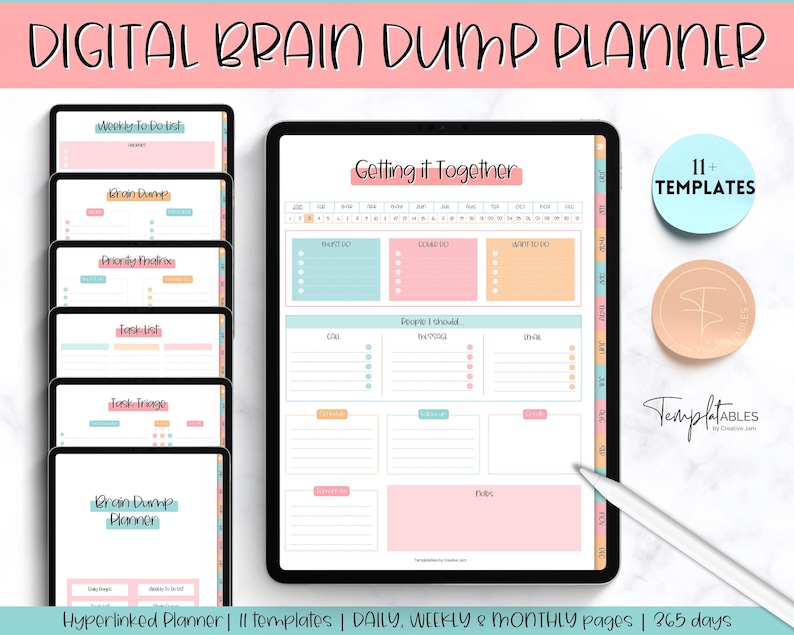 Puede incluir: Un planificador digital con m&aacute;s de 11 plantillas para organizar tareas, vaciados de cerebro y prioridades. El planificador incluye p&aacute;ginas diarias, semanales y mensuales, y est&aacute; hipervinculado para una f&aacute;cil navegaci&oacute;n. El planificador est&aacute; dise&ntilde;ado en un esquema de color rosa y azul con una est&eacute;tica moderna.