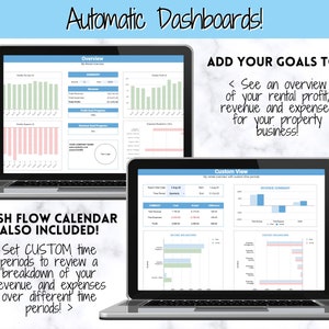 Op de afbeelding: Twee laptopschermen die dashboards weergeven voor een vastgoedbeheerbedrijf. De dashboards tonen grafieken en diagrammen met gegevens over inkomsten, uitgaven en winst. De tekst op het scherm zegt "Automatische dashboards!" en "Voeg ook uw doelen toe!"