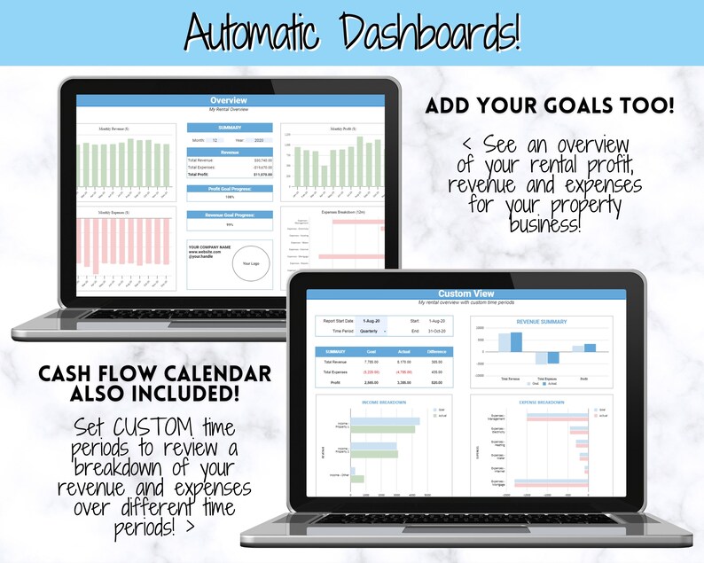 Op de afbeelding: Twee laptopschermen die dashboards weergeven voor een vastgoedbeheerbedrijf. De dashboards tonen grafieken en diagrammen met gegevens over inkomsten, uitgaven en winst. De tekst op het scherm zegt "Automatische dashboards!" en "Voeg ook uw doelen toe!"