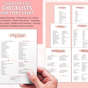 May include: A set of printable checklists for wedding planning, including a wedding checklist, bridal shower checklist, photoshoot list, and packing checklist. The checklists are designed with a pink and white color scheme and feature a watercolor-style background.