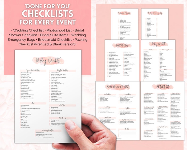 May include: A set of printable checklists for wedding planning, including a wedding checklist, bridal shower checklist, photoshoot list, and packing checklist. The checklists are designed with a pink and white color scheme and feature a watercolor-style background.